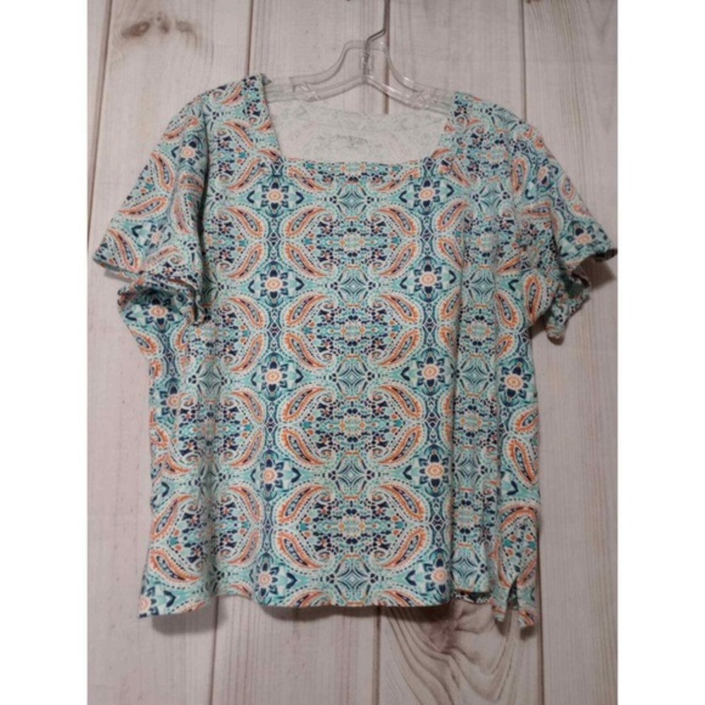 Kim Rogers Curvy Womens 1X Top Blue Orange Paisley Square‎ Neck Cotton Shirt